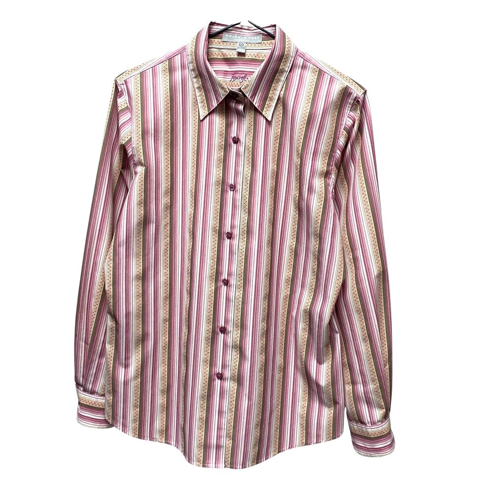 Vintage Foxcroft Womens 6P Pink Stripe Printed Wrinkle Free Button Up Shirt
